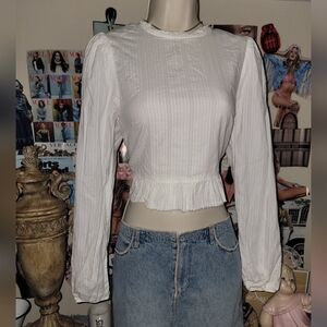 Divided By H&M White Striped Ruffled Hem Blouse.